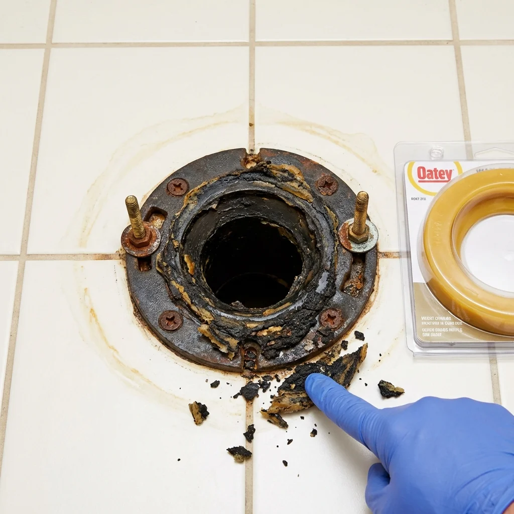 Failed wax ring showing water seepage at the base of a toilet in a Baird, TX home
